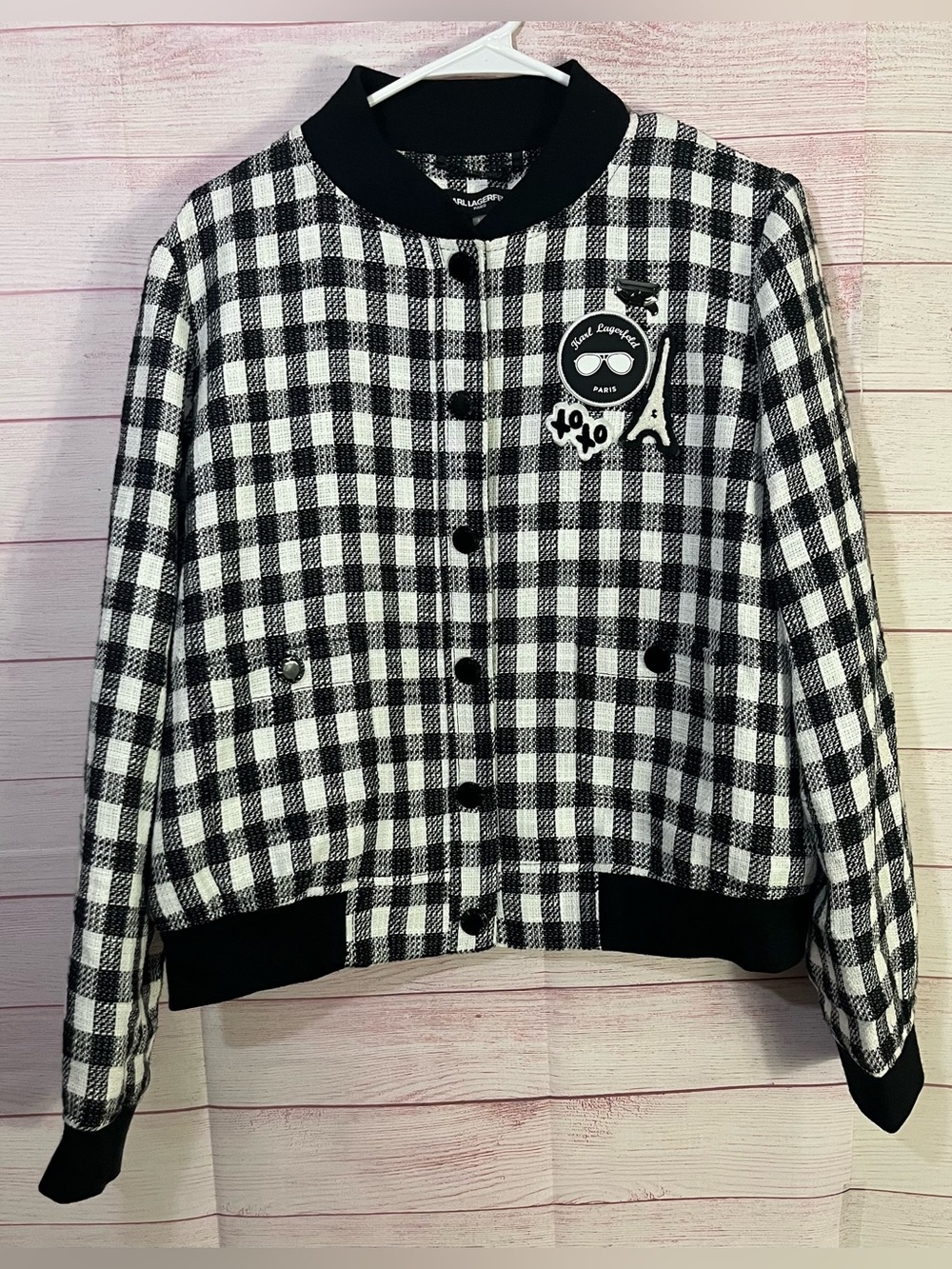 Karl‎ Lagerfeld Paris Black White gingham check tweed bomber jacket Size Large